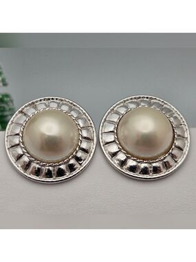 Vintage Vendome Faux Pearl Silver Tone Stud Earrings 1'' Wedding Bride Style